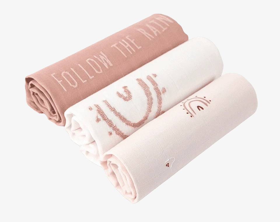 שלישיית חיתולי טטרה רקומים ורוד בהיר OS