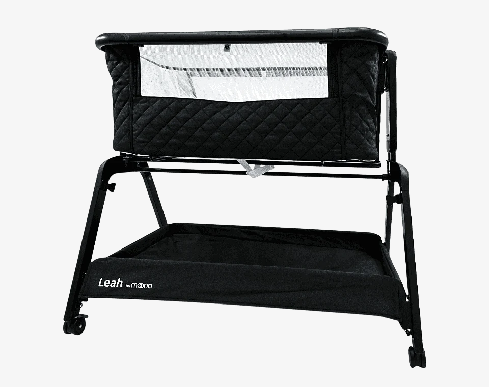 עריסה נצמדת למיטה ומתנדנדת LEAH שלד שחור ריפוד שחור מאחורה