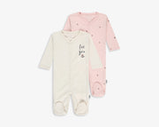 זוג אוברולים שרוול ארוך- שמנת/ ורוד הדפס פרחוני