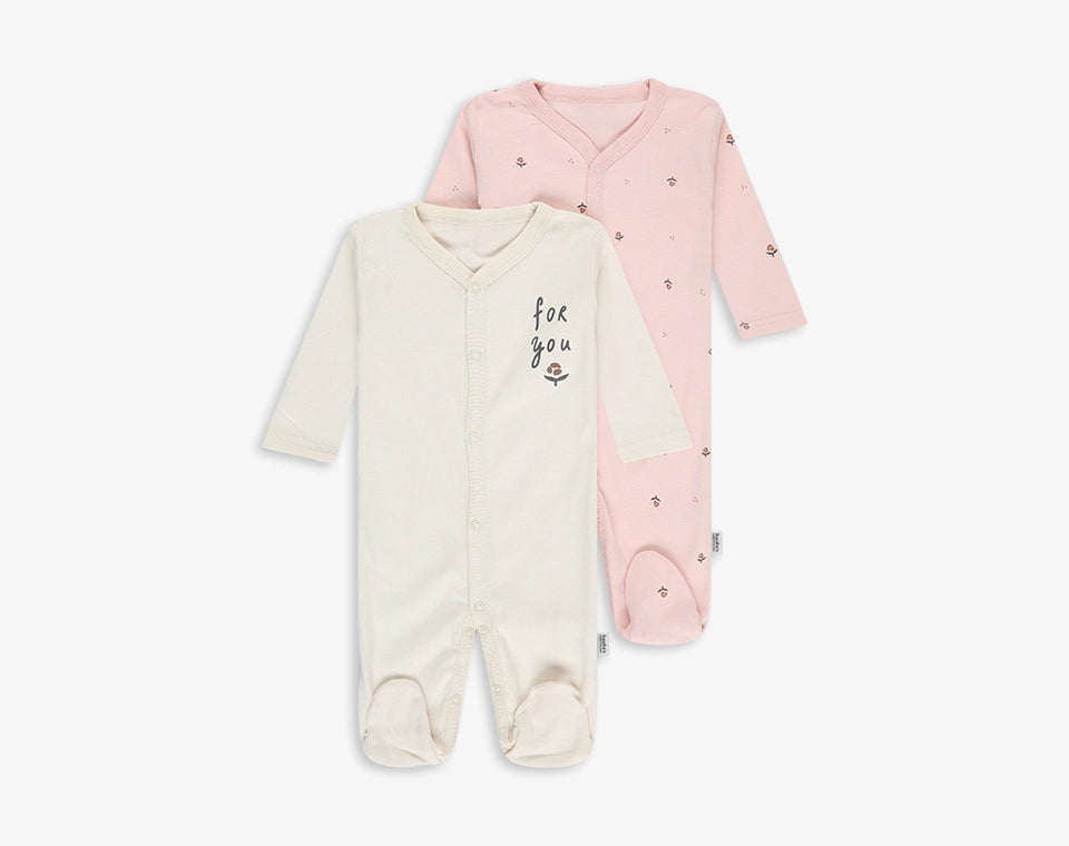 זוג אוברולים שרוול ארוך- שמנת/ ורוד הדפס פרחוני