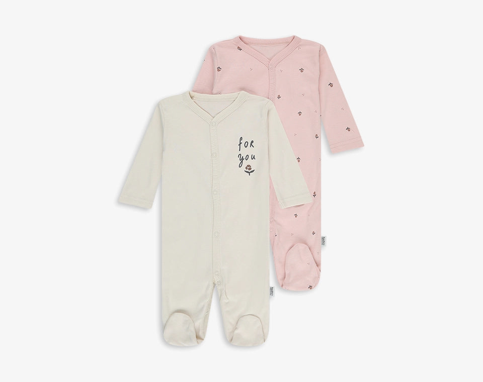 זוג אוברולים שרוול ארוך- שמנת/ ורוד הדפס פרחוני